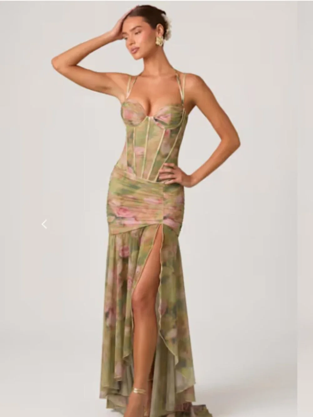 Oh Polly Haruna Ruched Asymmetric Corset Gown in Floral Multi Print - Picture 1 of 10